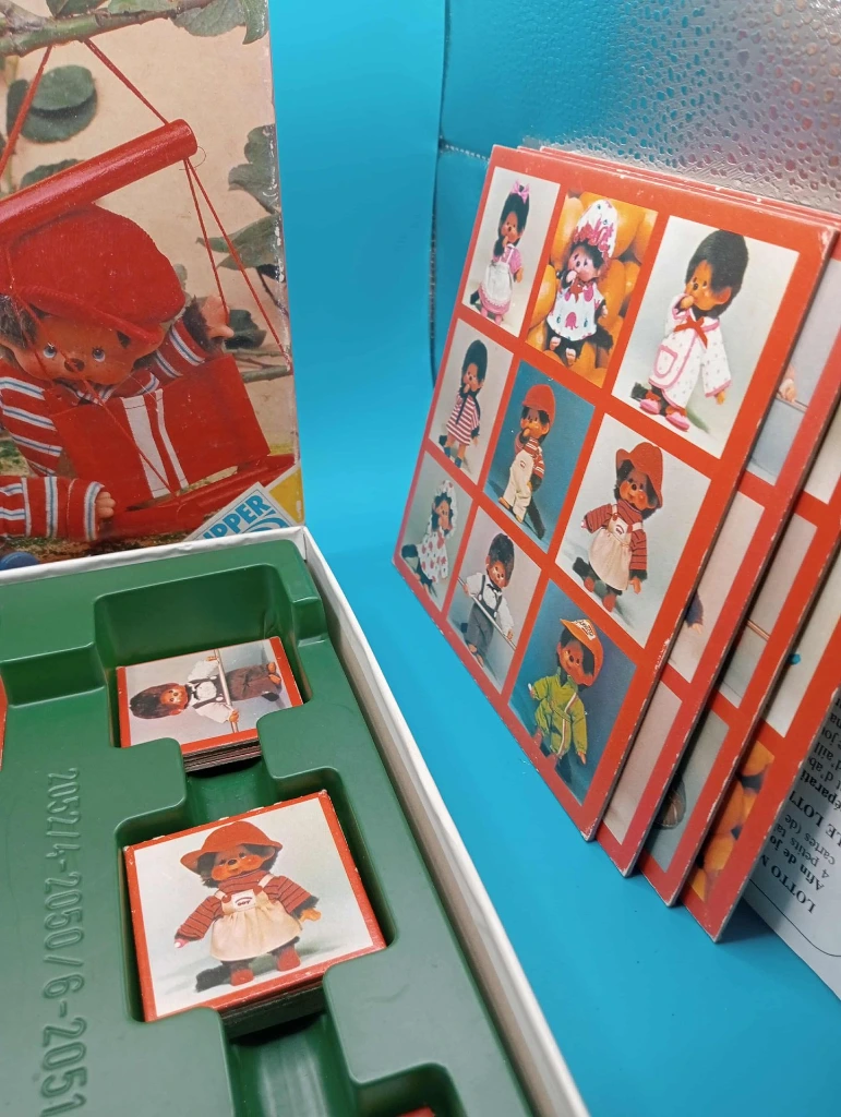 Jeu vintage Monchhichi Lotto Clipper – complet 36 cartes, 4 plateaux, boîte FR/NL, Made in Hong Kong