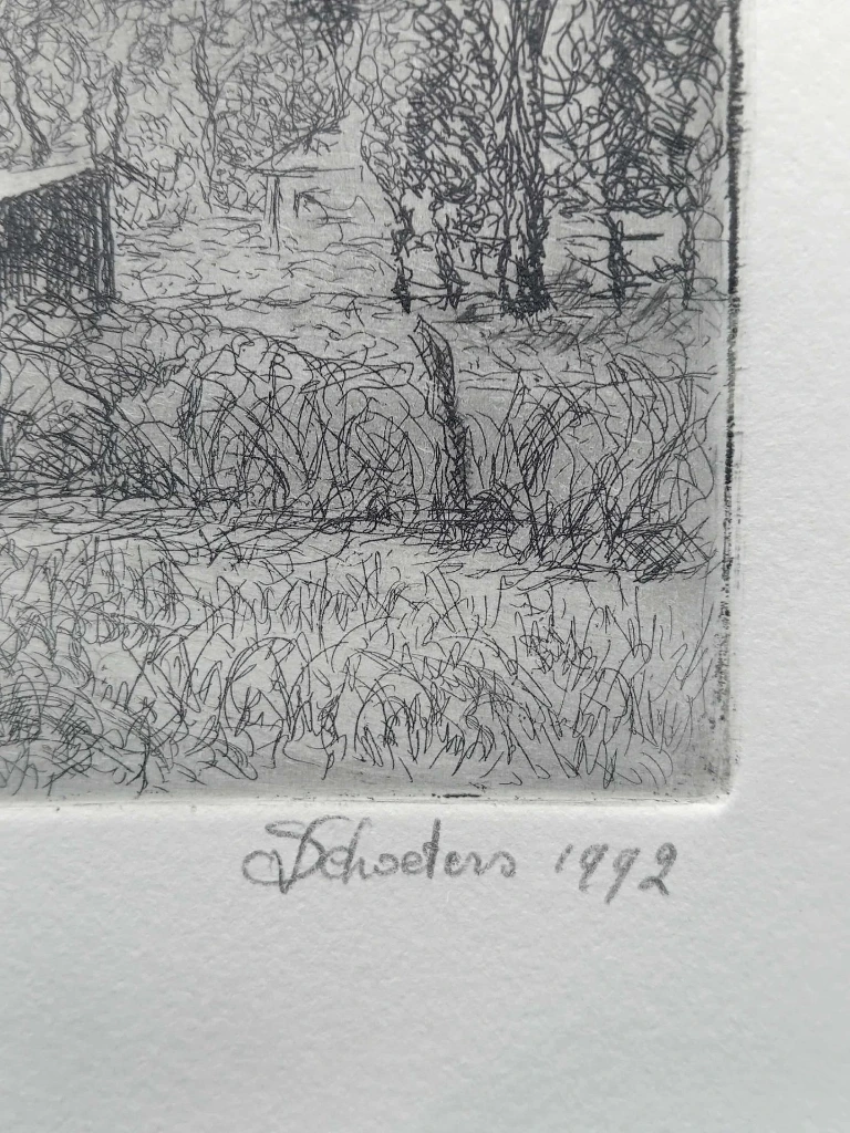Gravure signée Dehoeters 1992, “Zicht op de Logestraat”, édition limitée 22/44, paysage flamand