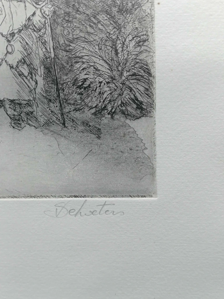 Lithographie signée Dehoeters 1993, édition limitée 24/50, scène hivernale à trois personnages
