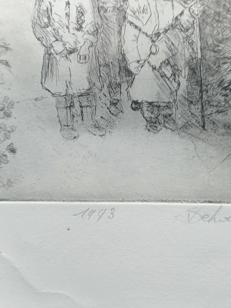 Lithographie signée Dehoeters 1993, édition limitée 24/50, scène hivernale à trois personnages