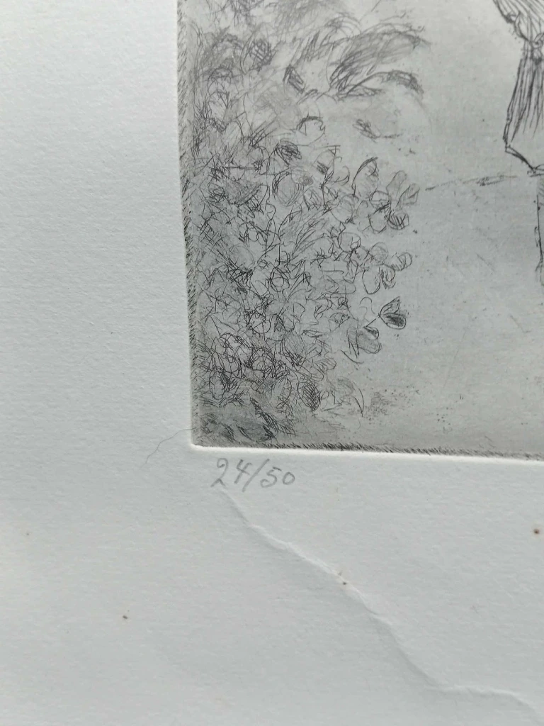 Lithographie signée Dehoeters 1993, édition limitée 24/50, scène hivernale à trois personnages