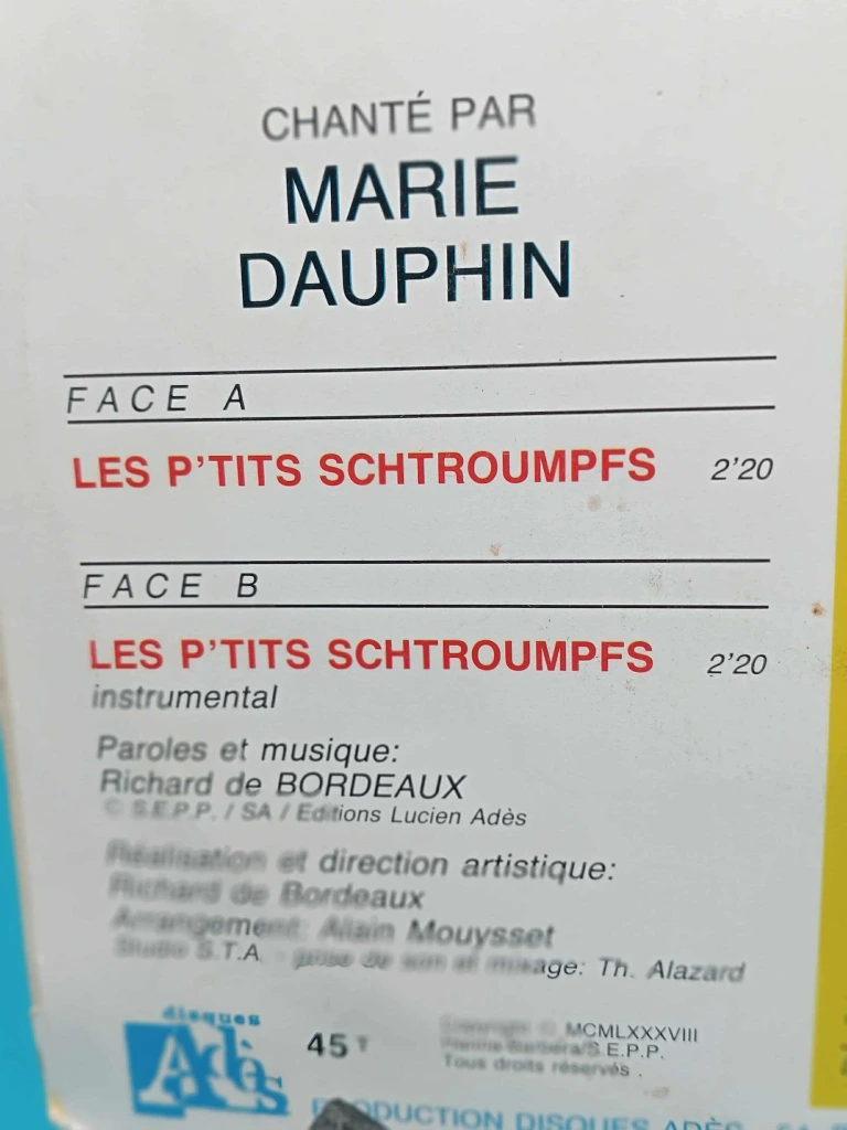 45T Les P’tits Schtroumpfs Marie Dauphin, Télé Récré A2, original film 1980–82