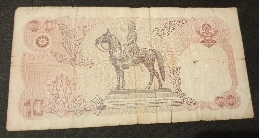 Billet Thaïlande 10 bahts – Rama IX & Rama V – statue équestre – années 80–90