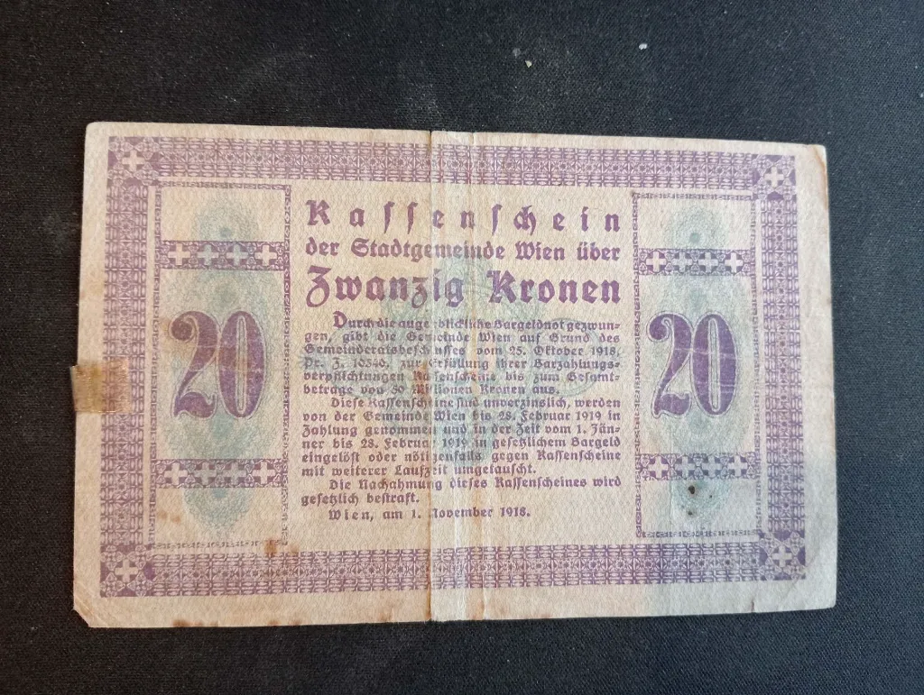 Billet de 20 Kronen – Vienne 1918 – Monnaie de nécessité post-WWI