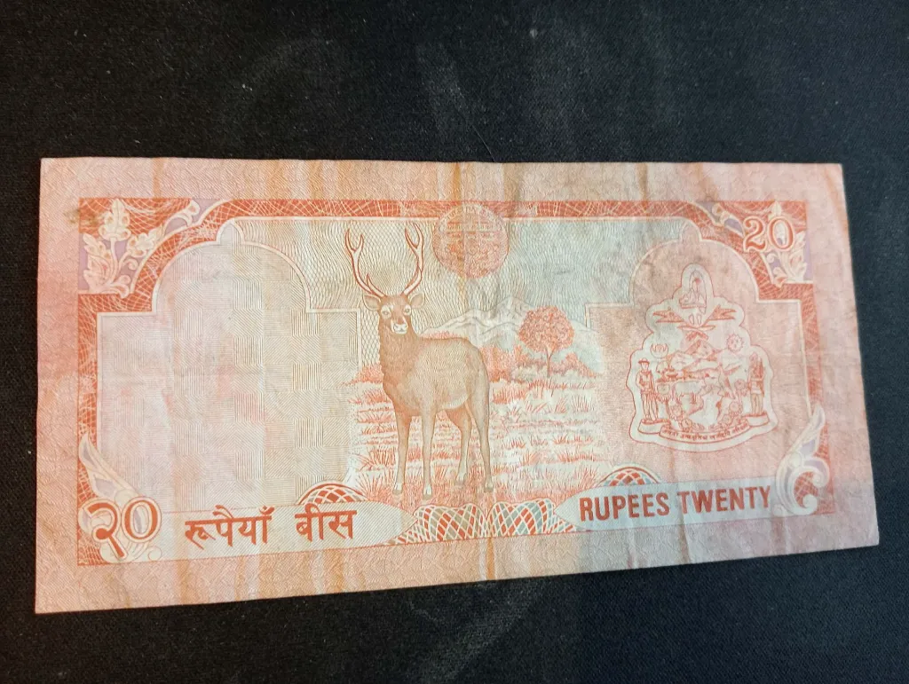 Billet Népal 20 roupies – roi Birendra & cerf sambar
