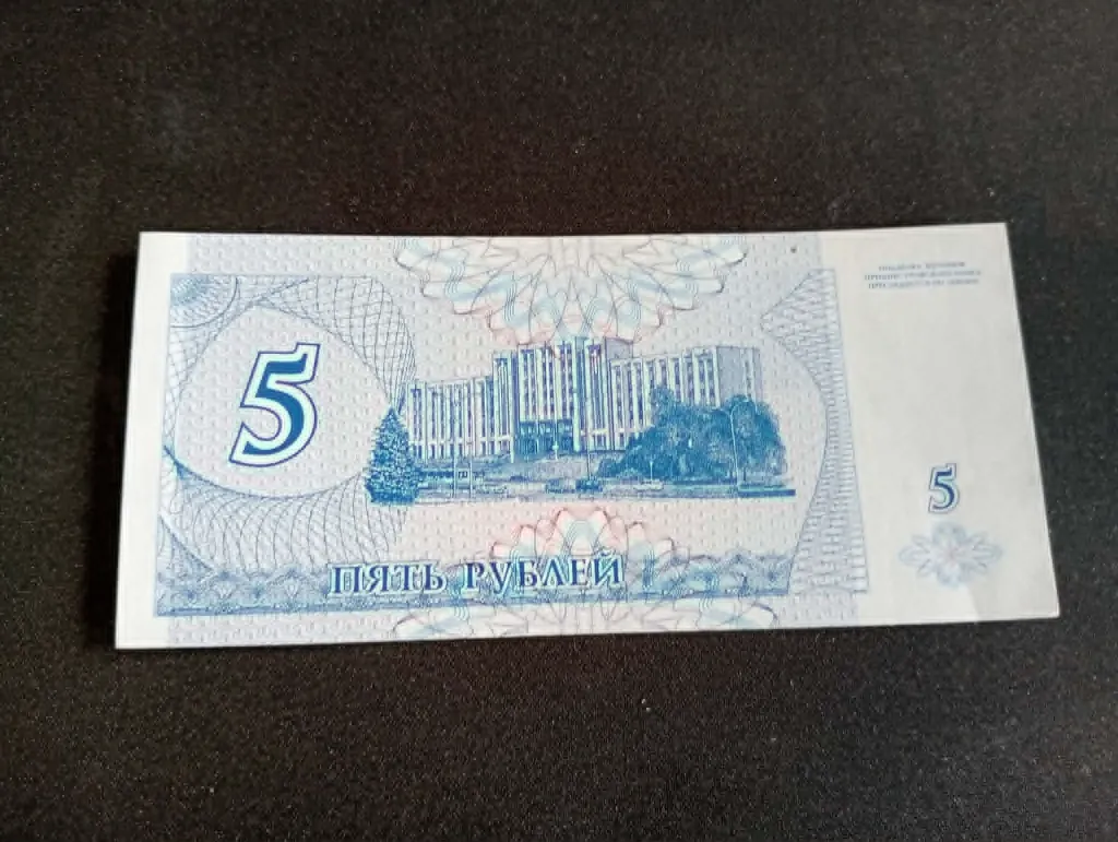 Billet transnistrien 5 roubles – Pridnestrovié – 1994 – billet de banque – vintage – recto portrait de Souvorov et verso bâtiment gouvernemental.webp