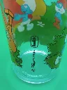 Verre Schtroumpfs 1984 – © Peyo – Bessetti – Grand Schtroumpf observant un Schtroumpf jouant au ballon avec la Schtroumpfette – maison champignon orange