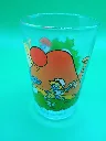 Verre Schtroumpfs 1984 – © Peyo – Bessetti – Grand Schtroumpf observant un Schtroumpf jouant au ballon avec la Schtroumpfette – maison champignon orange