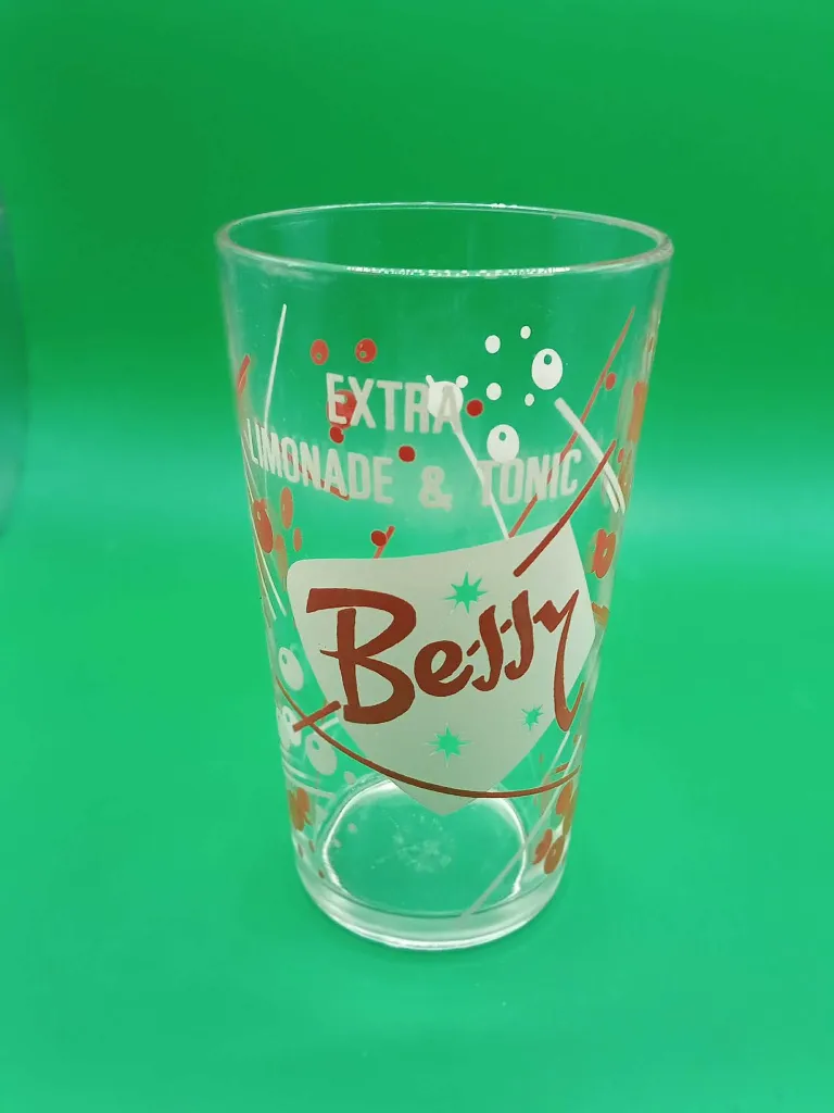Verre italien vintage – motifs rouges et blancs – texte Extra Lemonade & Tonic – fabrication Made in Italy