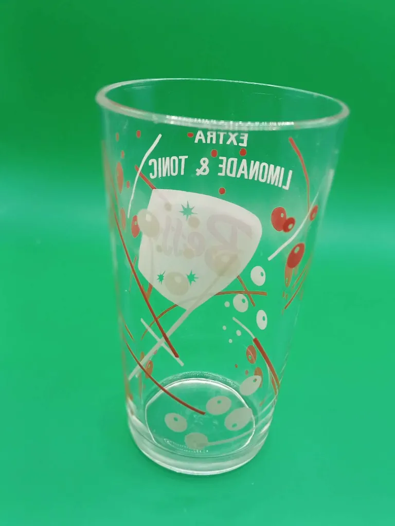 Verre italien vintage – motifs rouges et blancs – texte Extra Lemonade & Tonic – fabrication Made in Italy