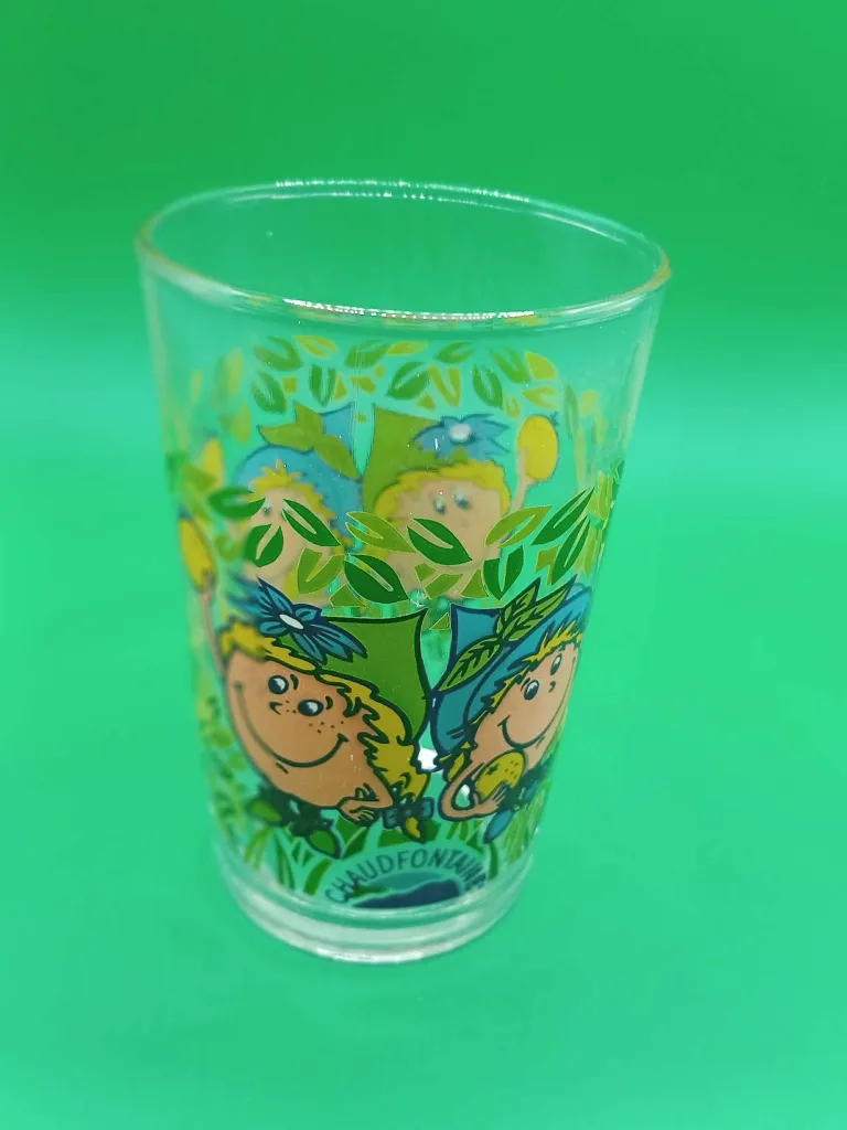 Verre Chaudfontaine – personnages fleurs – décor nature – illustration colorée vintage