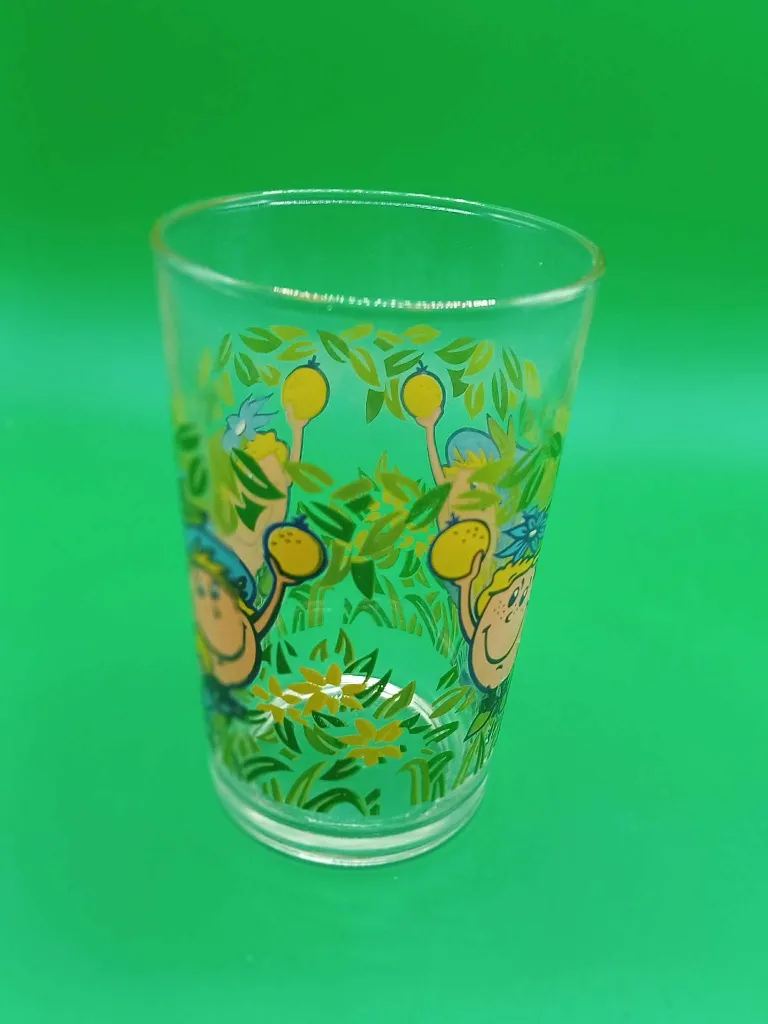Verre Chaudfontaine – personnages fleurs – décor nature – illustration colorée vintage
