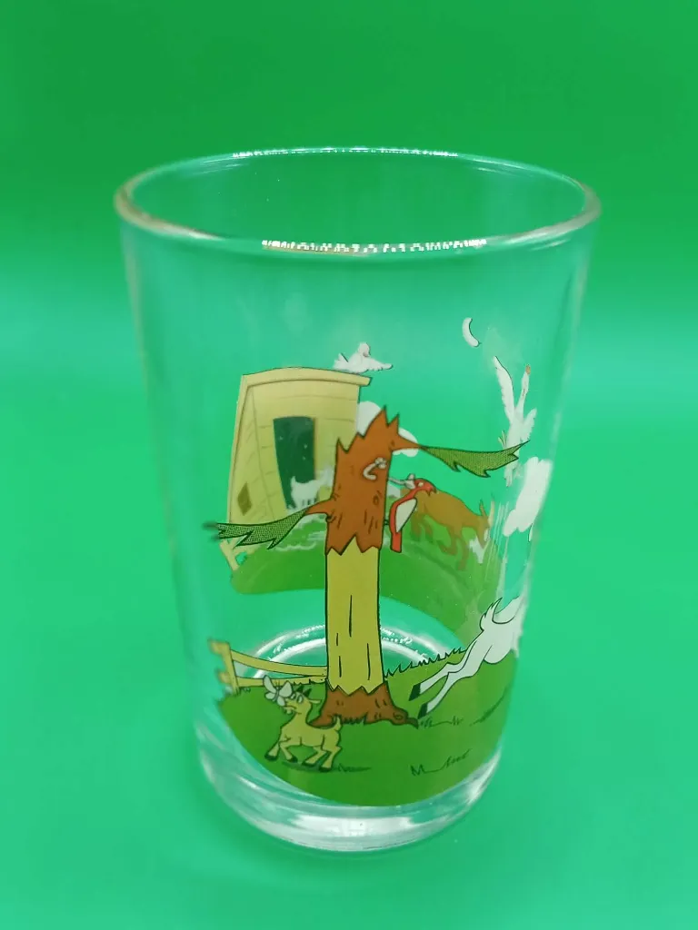 Verre décor ferme – chèvres – poulailler – arbre – scène champêtre colorée