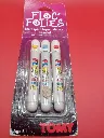 Blister Floc' Folies – Tomy – 1995 – Set de trois feutres d'encre magique en relief – vintage – emballage cartonné violet et rose d'origine contenant trois applicateurs blancs Fluffits à embouts jaune, bleu et rouge