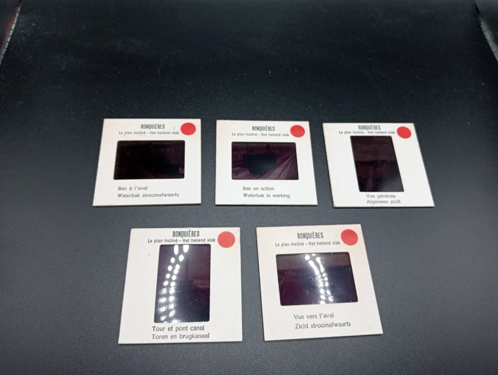 Diapositives Ronquières – Photo H. Ladendorff – série touristique – vues du plan incliné – bilingue français néerlandais – lot de 5 diapositives d’époque