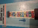 Jeu Turbo Moto Stunt Set Clipper vintage avec pompe à air, rampe noire, supports bleus et boîte d'origine, ensemble incomplet avec véhicule de cascade manquant