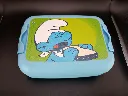 Boîte à sandwich Schtroumpf Gourmand Peyo 2013 en plastique bleu avec fermetures latérales et illustration couleur du personnage tenant un sandwich