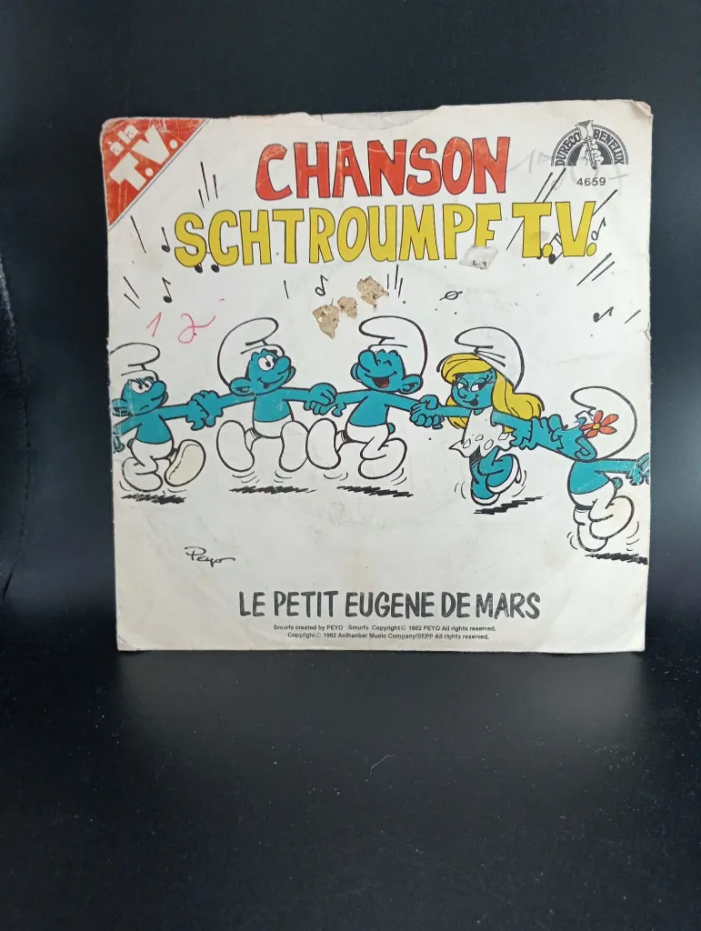 45 tours Chanson Schtroumpf T.V. – Dureco Benelux – 1982 – disque vinyle pour enfants – Peyo – pochette illustrée usée