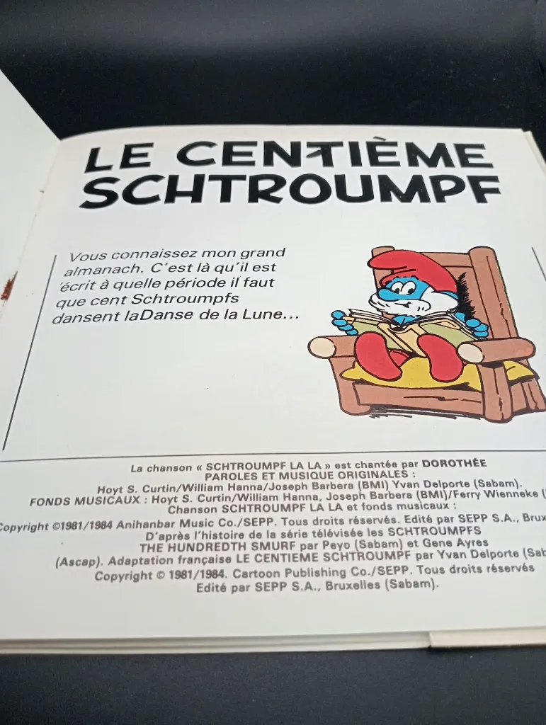 Livre-disque Le Centième Schtroumpf – Dorothée – Peyo – AB Productions 821339-7 – 45 tours avec livret illustré – couverture verte
