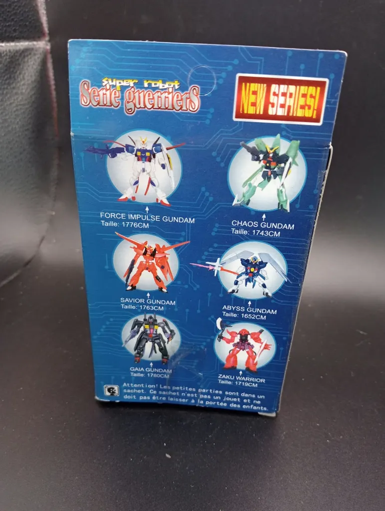 Ancienne maquette non officielle Force Impulse Gundam Série Guerriers distribuée sous la marque DM Mangas, pièces couleur sous sachet, boîte et notice illustrée