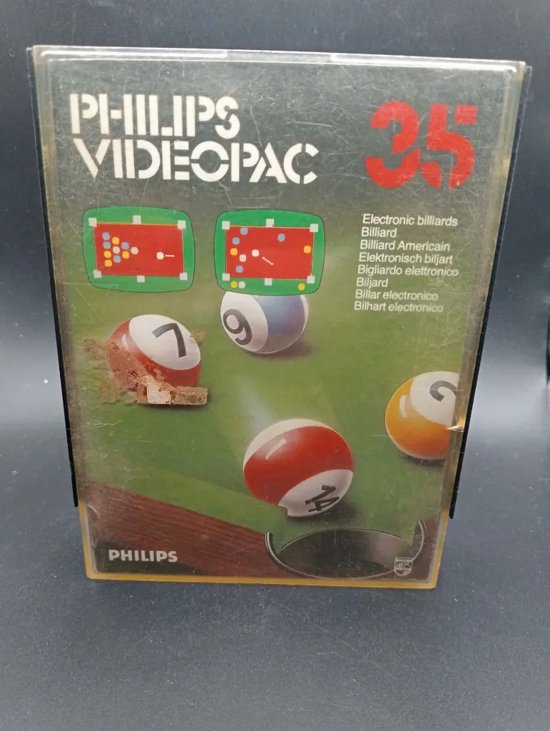 Philips Videopac 35 Electronic Billiards-spel uit 1981 voor G7000, zwarte cartridge en originele kunststof doos met biljartballen