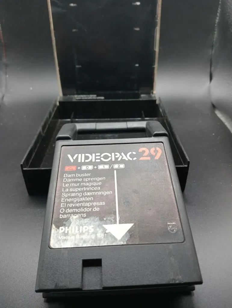 1981 Philips Videopac 29 Dam Buster game for G7000 with black cartridge, manual and cracked transparent plastic case