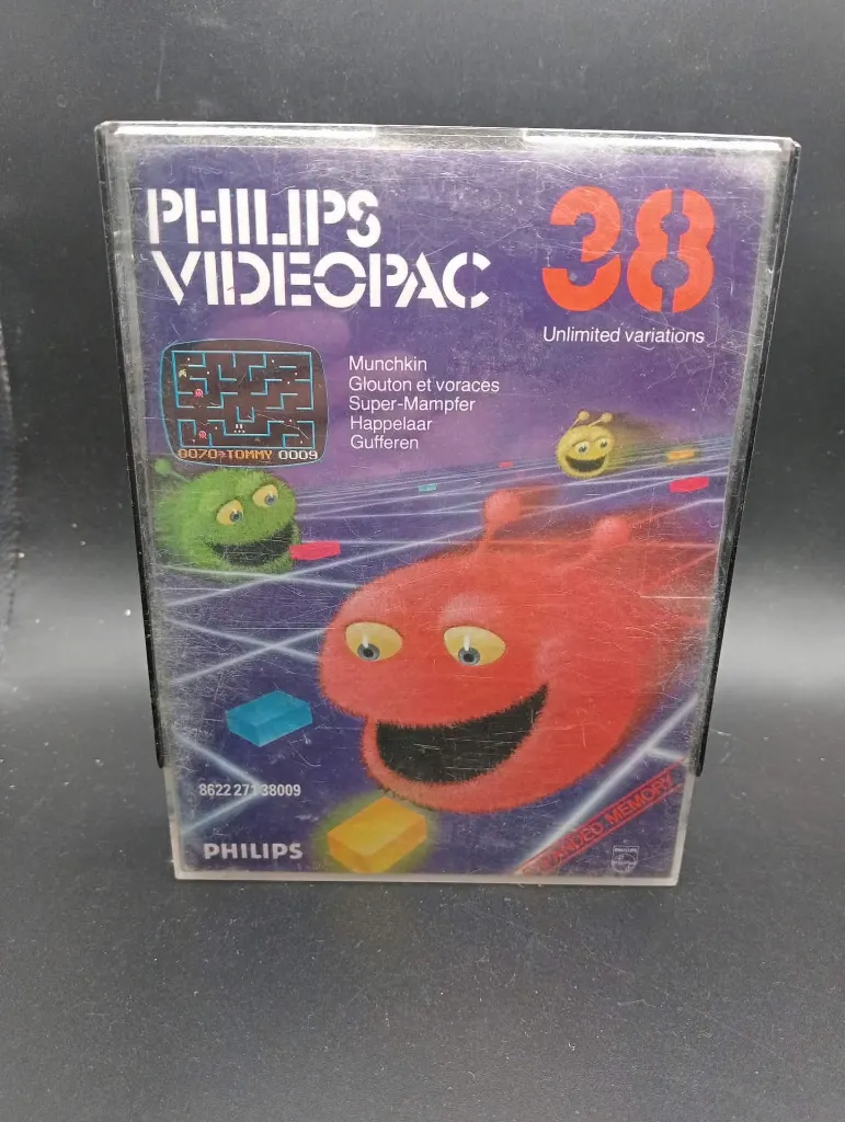 Jeu rétro Philips Videopac 38 Munchkin de 1982 avec cartouche noire, boîtier rigide illustré et livret d’origine pour consoles G7000 et G7400