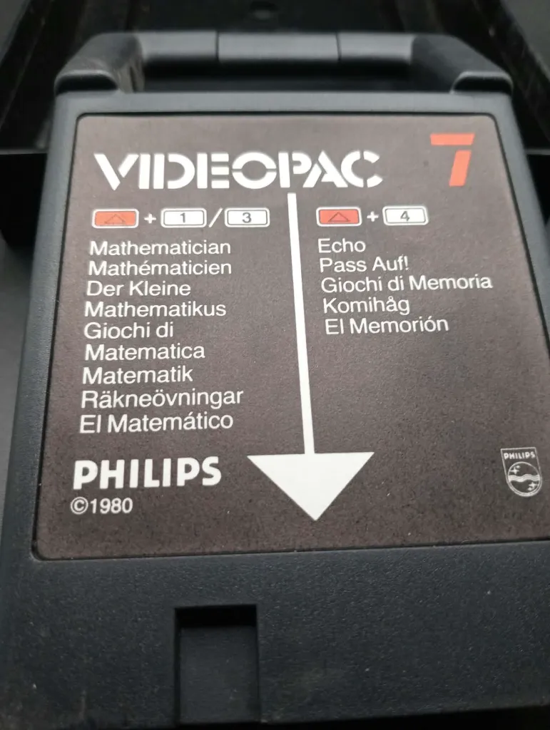 Educatief spel Philips Videopac 7 Mathematician Echo uit 1980 met zwarte cartridge, geïllustreerde harde doos en originele handleiding voor G7000