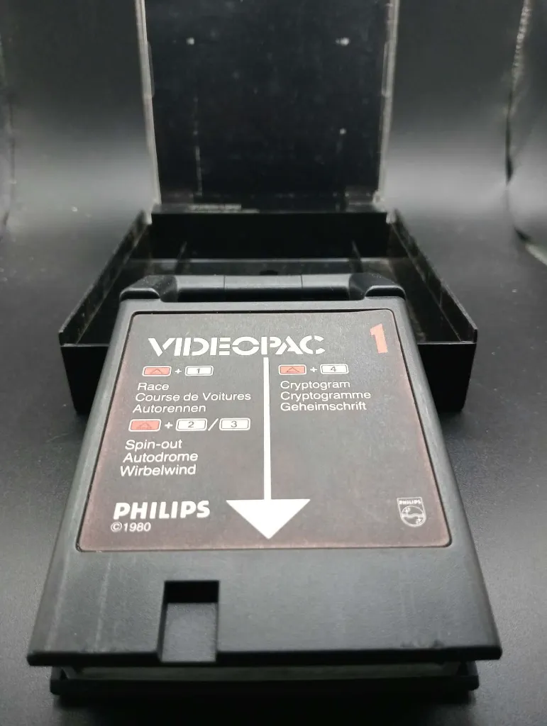 Philips Videopac 1 Race Spin-Out Cryptogram retro game from 1980 with black cartridge, racing car hard case and original manual