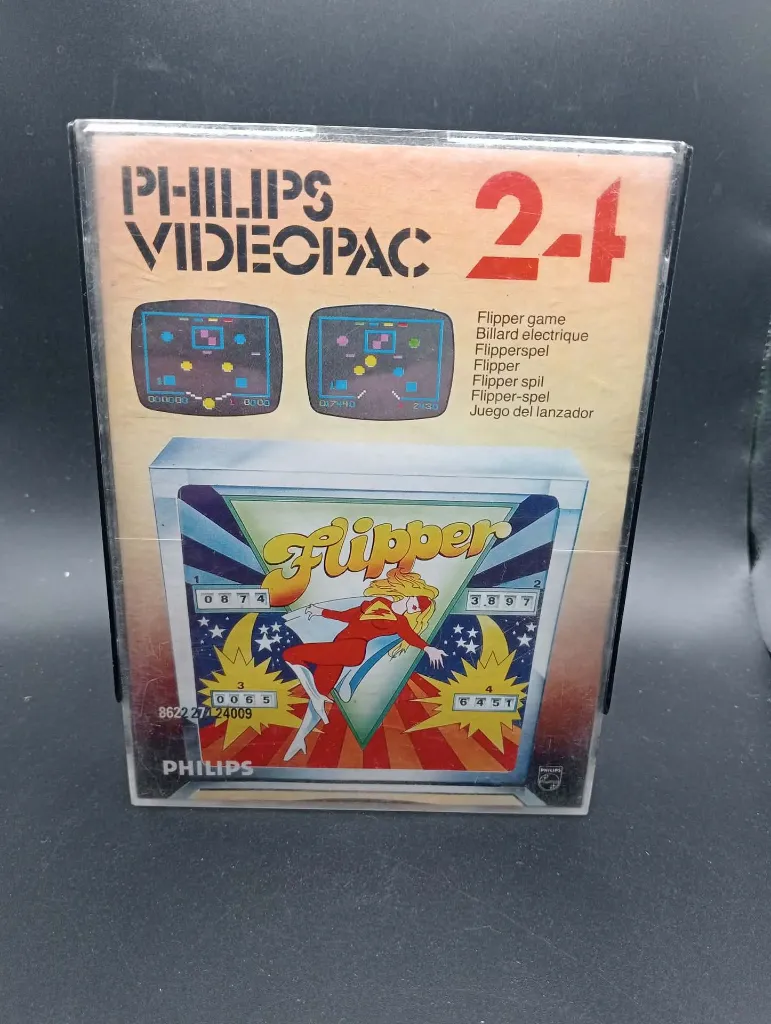 Jeu rétro Philips Videopac 24 Flipper de 1980 avec cartouche noire, boîtier rigide illustré d’un flipper coloré et notice d’origine