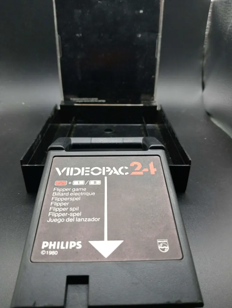 Gioco rétro Philips Videopac 24 Flipper del 1980 con cartuccia nera, custodia illustrata con flipper colorato e manuale originale