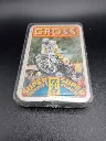 Jeu de cartes moto-cross vintage Cross Super Quartet Hemma 216 avec cartes illustrées de motos tout-terrain et étui transparent fortement rayé et fissuré