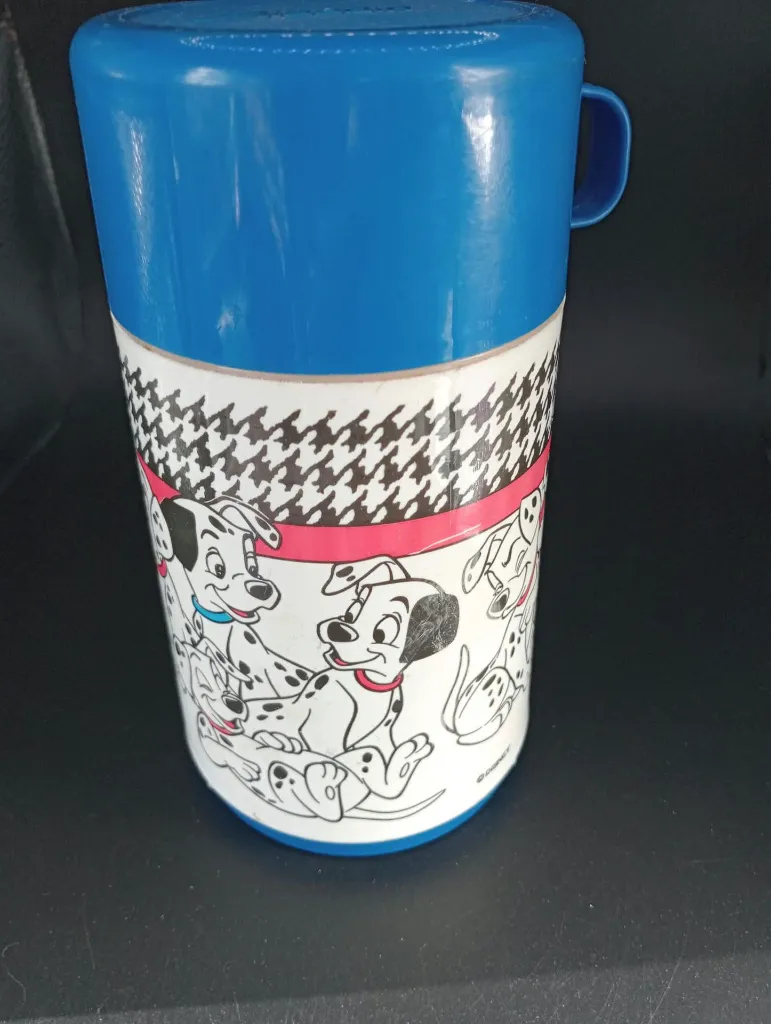 Vintage Aladdin Walt Disney 101 Dalmatiërs thermos in wit en blauw met puppyillustraties, beige binnenstop en afneembare blauwe beker