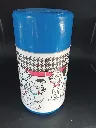 Vintage Aladdin Walt Disney 101 Dalmatians white and blue thermos with puppy artwork, beige inner stopper and removable blue cup