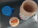Vintage Aladdin Walt Disney 101 Dalmatiner Thermosflasche in Weiß und Blau mit Welpenmotiven, beigem Innenstopfen und abnehmbarem blauem Becher