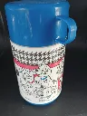 Garrafa térmica vintage Aladdin Walt Disney 101 Dálmatas branca e azul com cachorros, tampa interior bege e copo azul amovível