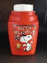 Thermos vintage rouge Roughneck avec Snoopy et Woodstock, bouchon blanc à clapet orange et gobelet extérieur d’origine manquant