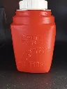 Rode vintage Roughneck-thermos met Snoopy en Woodstock, witte stop met oranje klep en ontbrekende buitenbeker