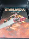 English hardcover Starliners book by Stewart Cowley with a large pink and yellow spacecraft against an orange background, retrofuturist colour artwork and technical spacecraft drawings