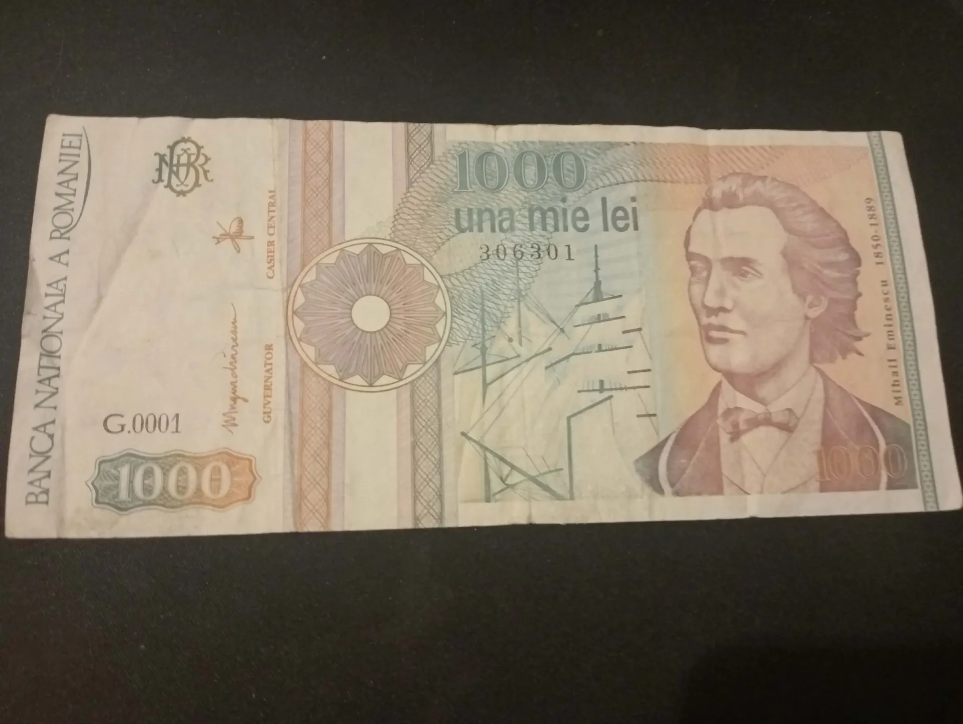 Roemenië 1000 lei biljet 1991 – Mihai Eminescu & klooster Putna