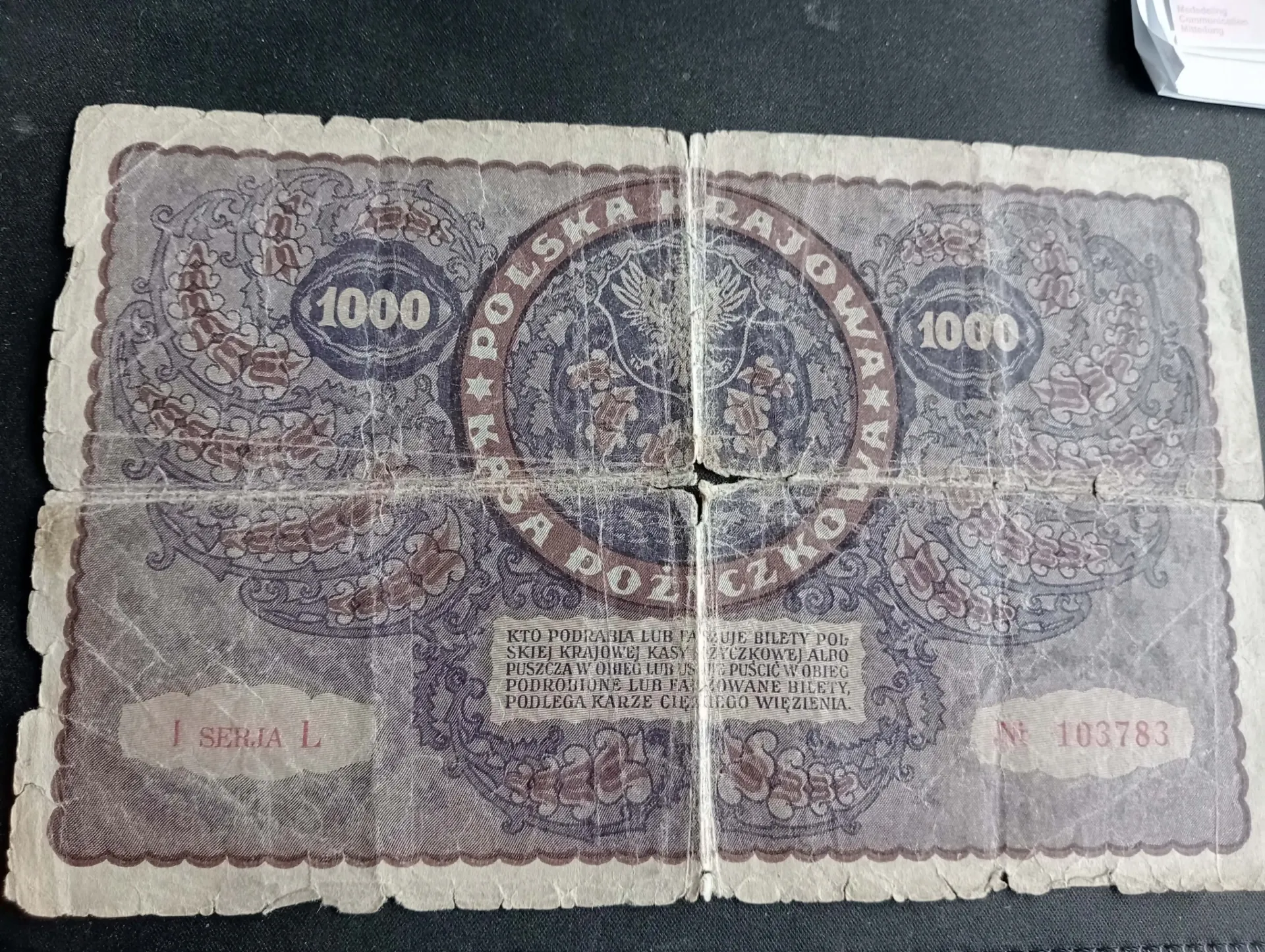 Billete polaco de 1000 marcos – 1919 – Kasa Pożyczkowa – Estado desgastado