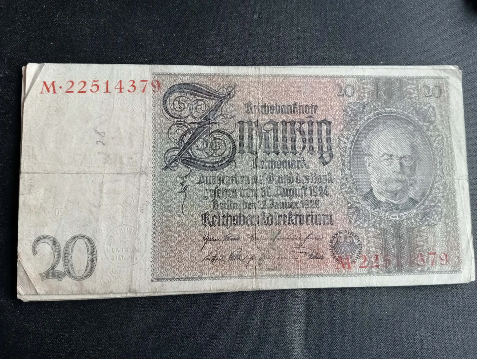 Billet 20 Reichsmark – Allemagne – Graf von Schwerin – Années 1924–1929