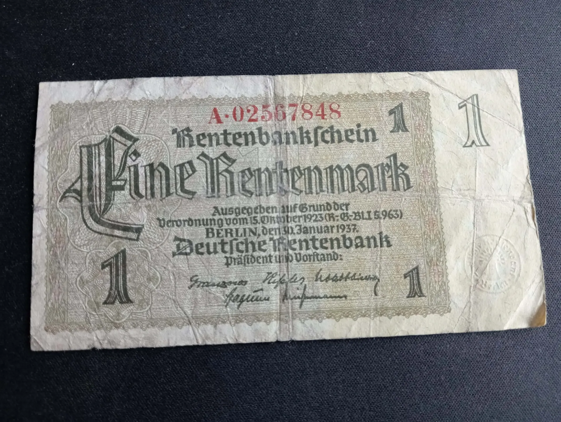 Banconota tedesca da 1 Rentenmark – 1937 – Stabilizzazione post-inflazione