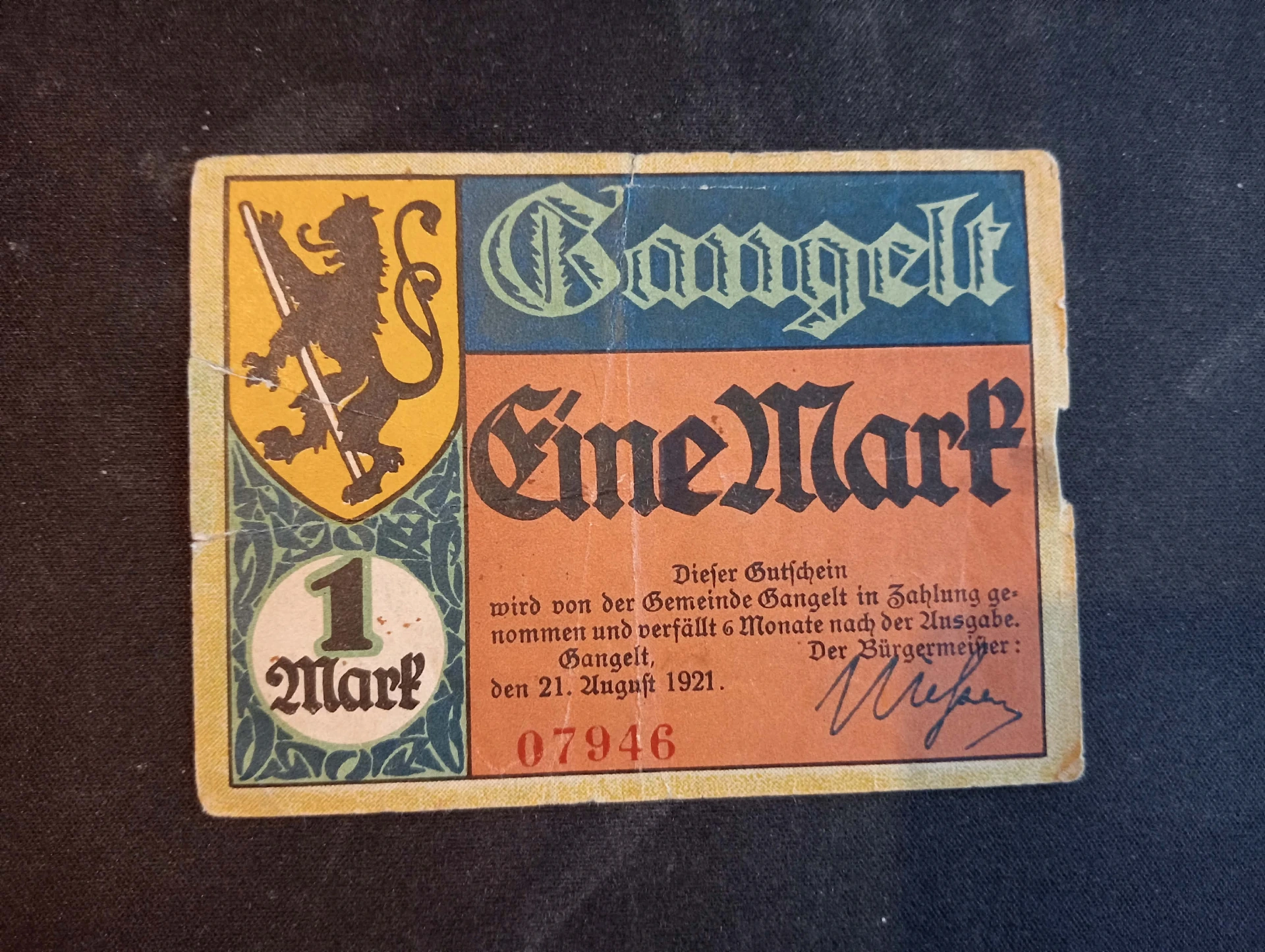 Nota Notgeld – 1 Mark – Gangelt – 1921 – Leão heráldico