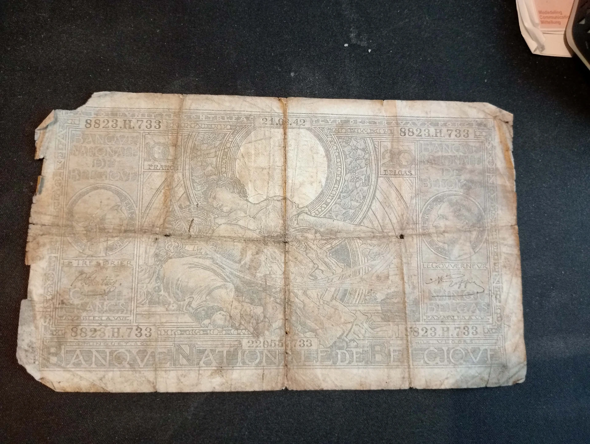 Billete belga – 20 Francos / 20 Belgas – 1940 – Tesorería – Estado desgastado