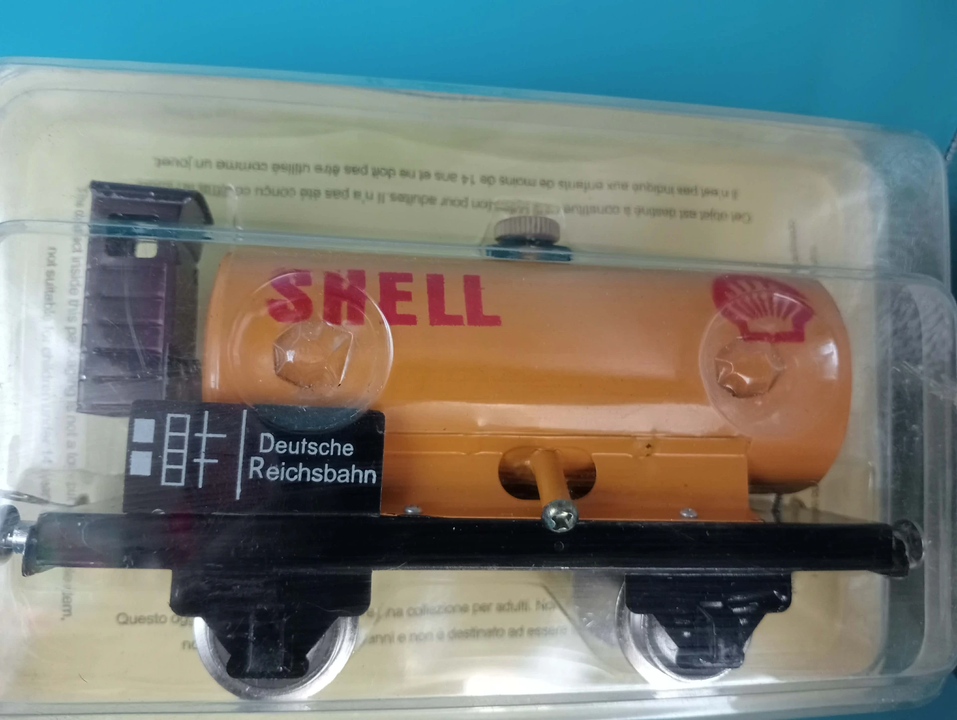 Vagão cisterna Shell miniatura – reprodução vintage Deutsche Reichsbahn em metal blisterado - 18 cm