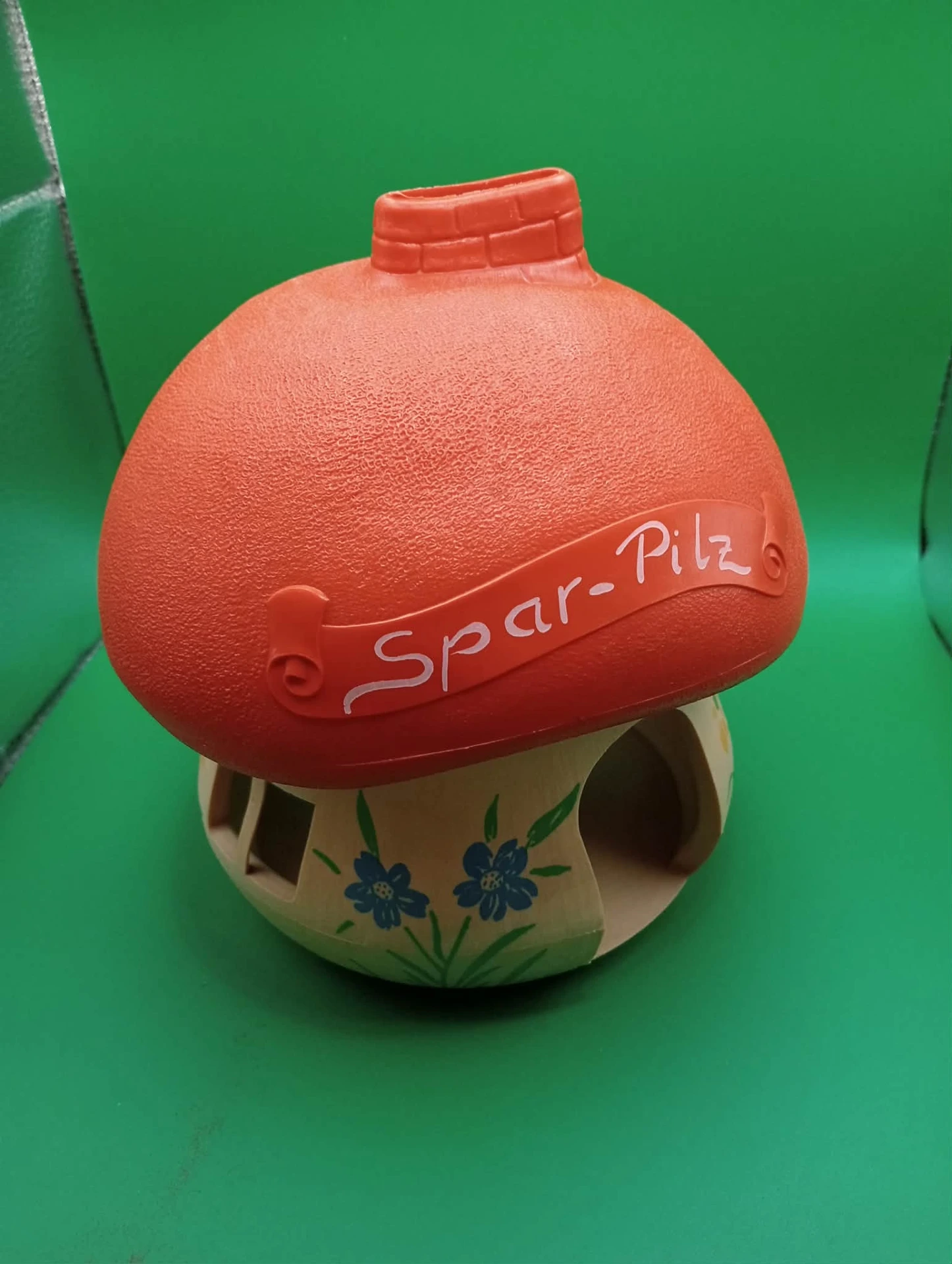 Cofrinho cogumelo “Spar-Pilz” – decoração floral – vintage alemão – 15×17 cm