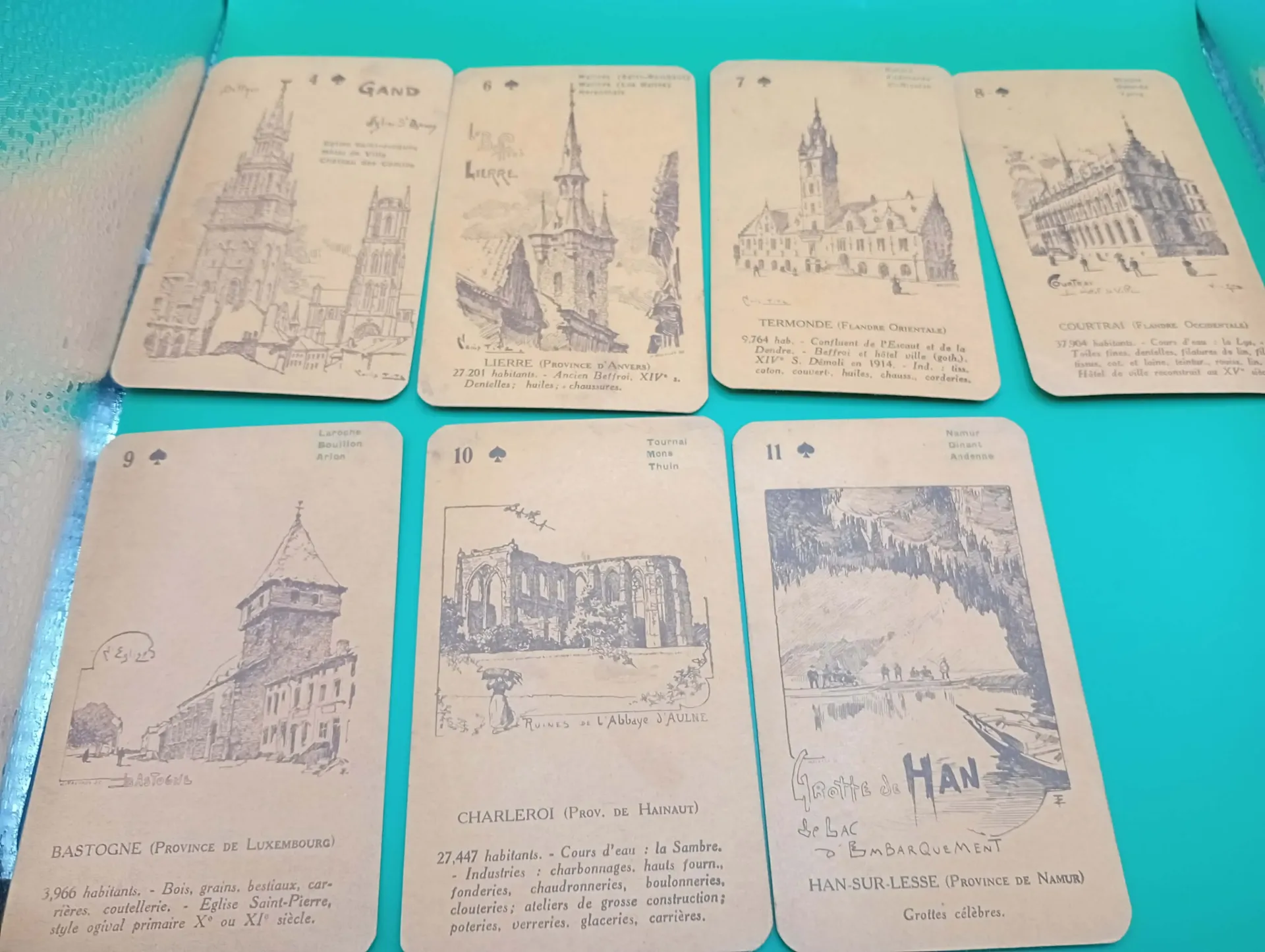 Lot de 7 cartes à jouer vintage belges, édition du Foyer des Orphelins 1950