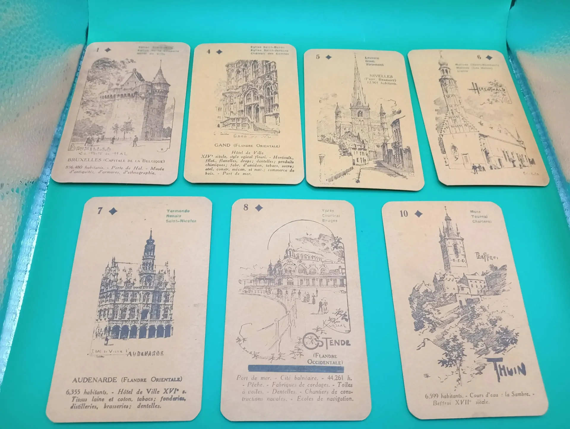 Conjunto de 7 cartas de juego belgas vintage