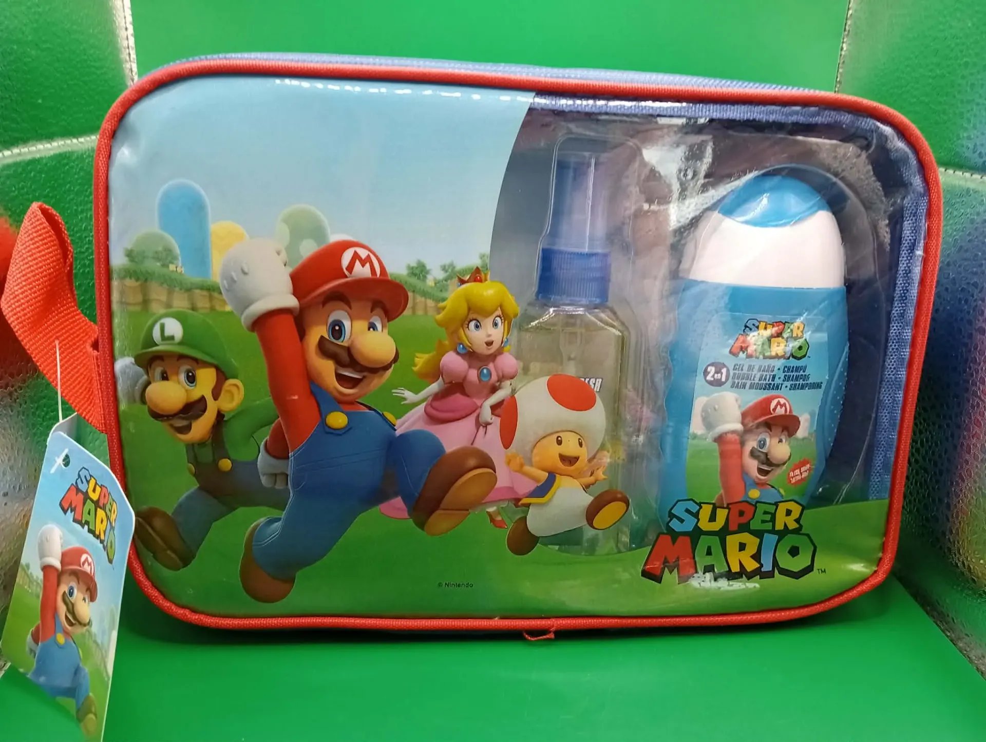 Conjunto Super Mario – Bolsa + Gel 2‑em‑1 + Spray – Nunca usado